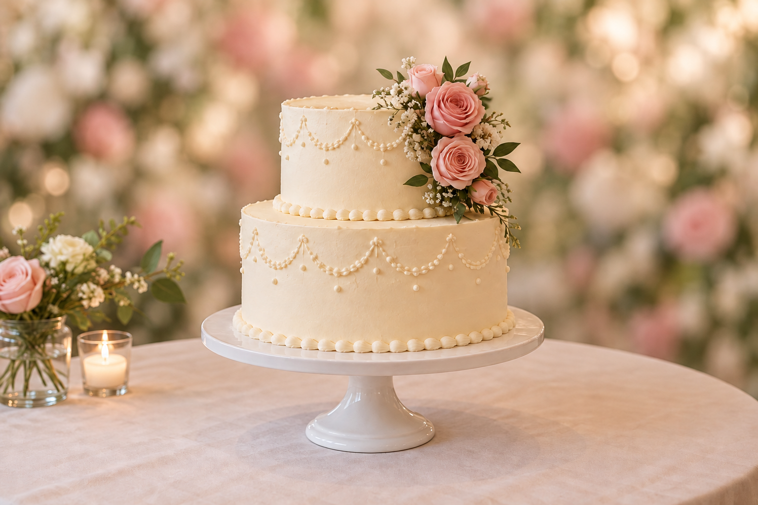 Two-tier ivory cake with pink roses